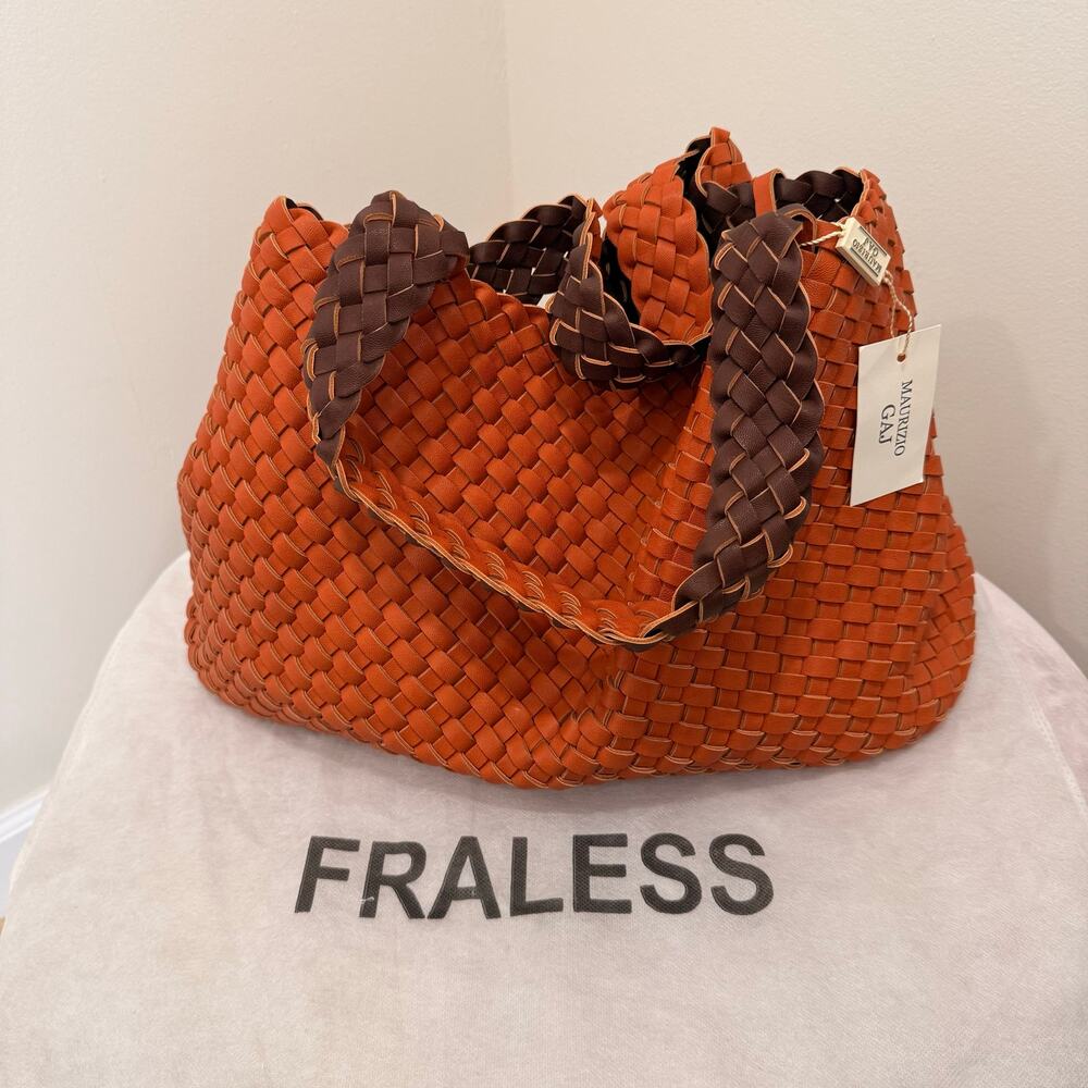 Maurizio Gaj Italy Woven Genuine Leather Tote Bag Orange Brown NWT + Pouch